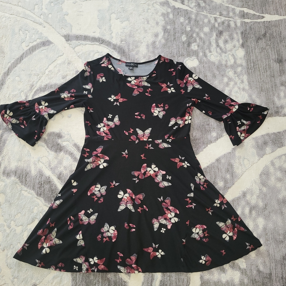 INC International Concepts Black Women Dress with Pink and Cream Butterfly Print